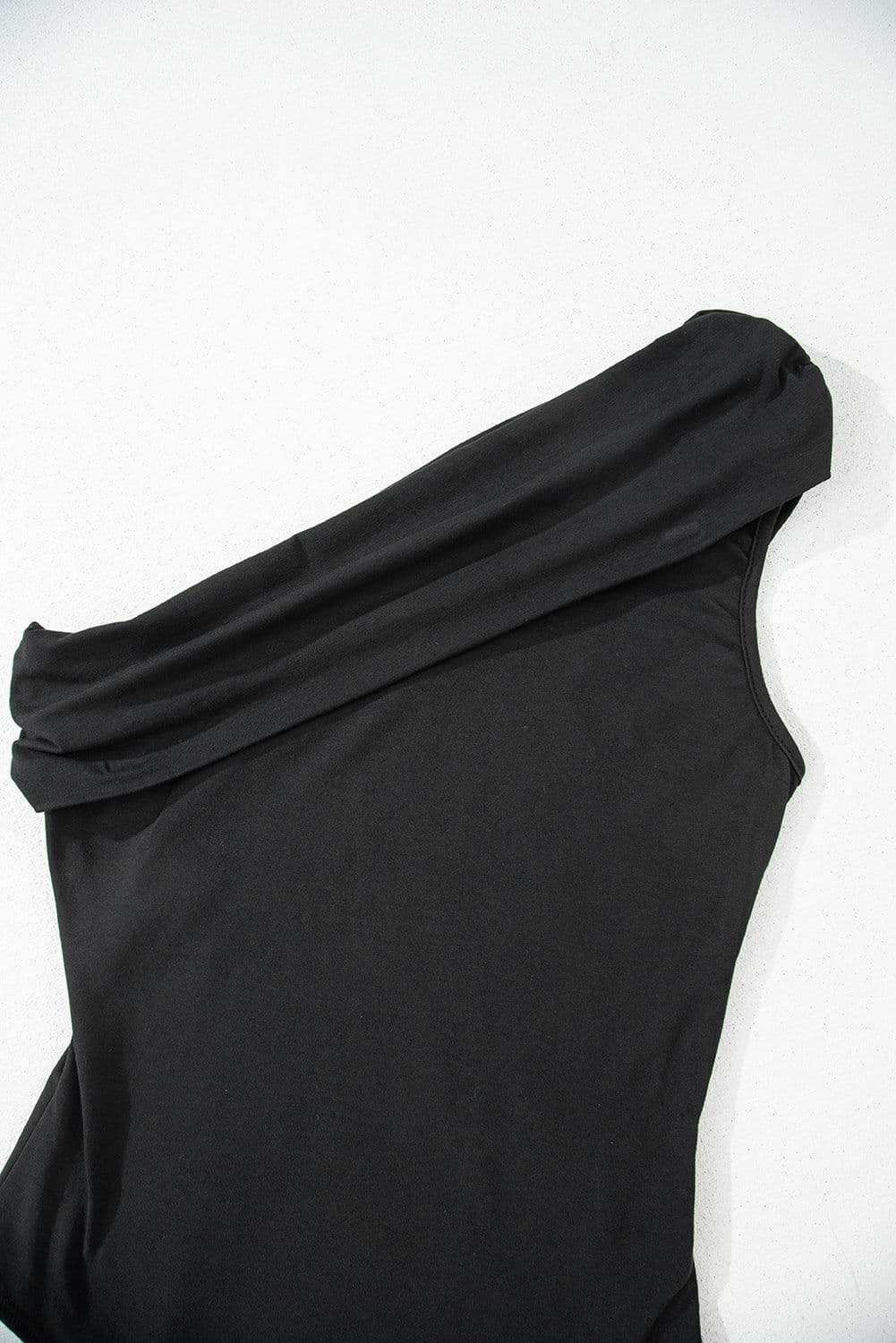 image-Solid Color Pleated One Shoulder Bodysuit - Black