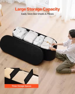 image-VEVOR Oval Storage Ottoman Bench, Foldable Teddy Fleece End of Bed Bench, Folding Upholstered Bed Ottoman Chest with Large Storage Space, Supports 660 lbs, for Living Room, Bedroom, Entryway, Black