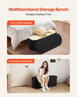 image-VEVOR Oval Storage Ottoman Bench, Foldable Teddy Fleece End of Bed Bench, Folding Upholstered Bed Ottoman Chest with Large Storage Space, Supports 660 lbs, for Living Room, Bedroom, Entryway, Black
