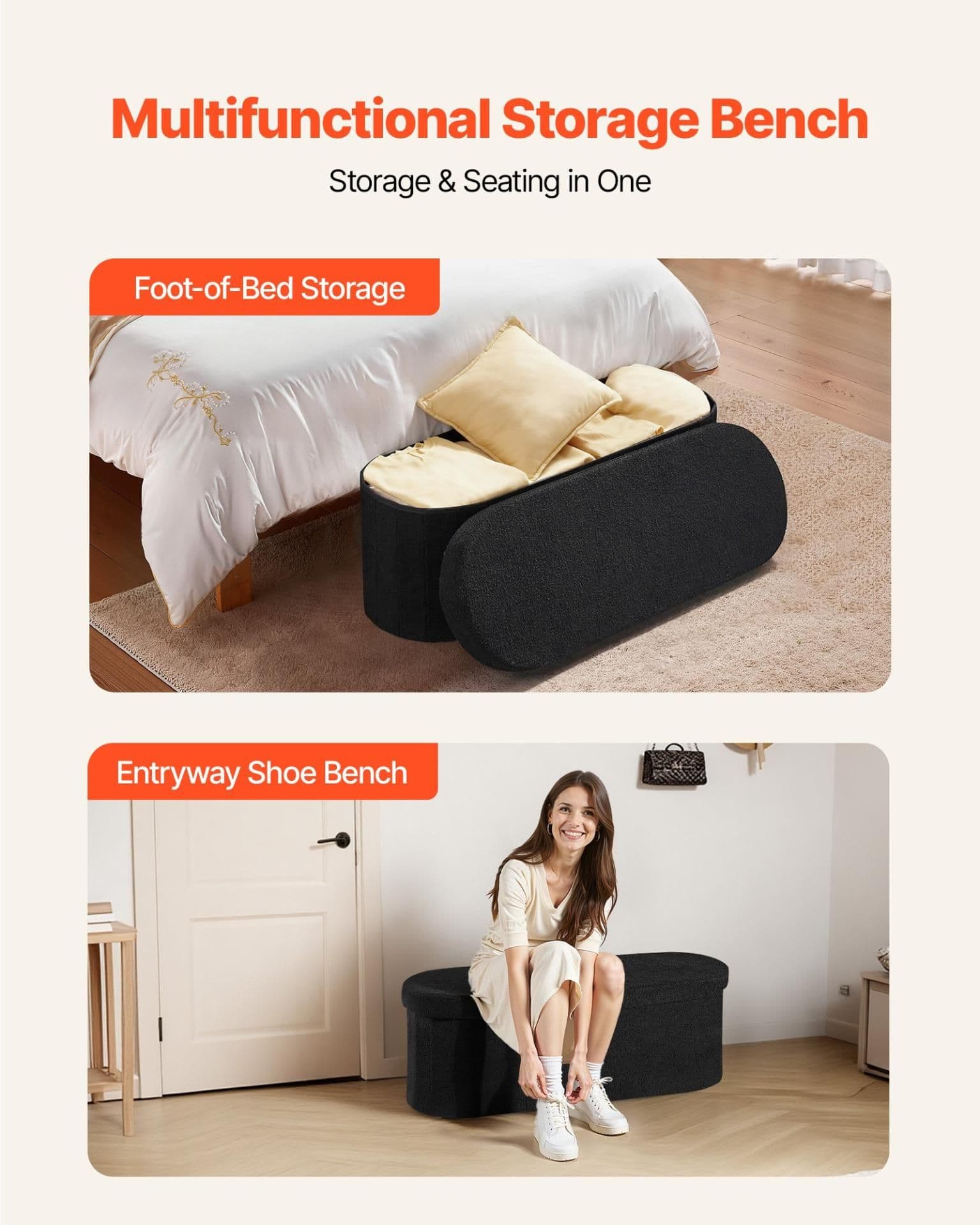 image-VEVOR Oval Storage Ottoman Bench, Foldable Teddy Fleece End of Bed Bench, Folding Upholstered Bed Ottoman Chest with Large Storage Space, Supports 660 lbs, for Living Room, Bedroom, Entryway, Black