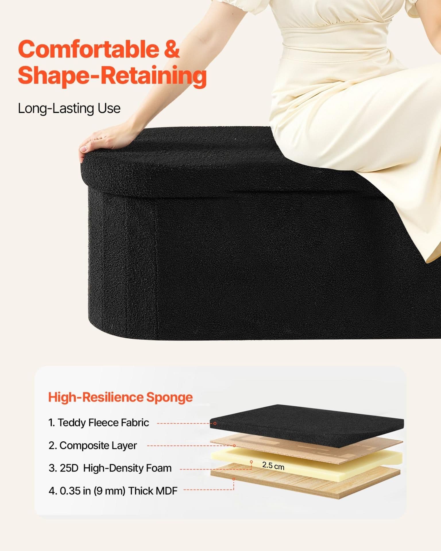 image-VEVOR Oval Storage Ottoman Bench, Foldable Teddy Fleece End of Bed Bench, Folding Upholstered Bed Ottoman Chest with Large Storage Space, Supports 660 lbs, for Living Room, Bedroom, Entryway, Black