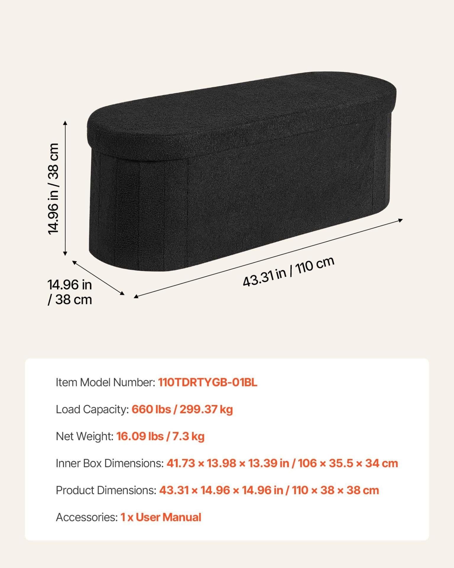 image-VEVOR Oval Storage Ottoman Bench, Foldable Teddy Fleece End of Bed Bench, Folding Upholstered Bed Ottoman Chest with Large Storage Space, Supports 660 lbs, for Living Room, Bedroom, Entryway, Black