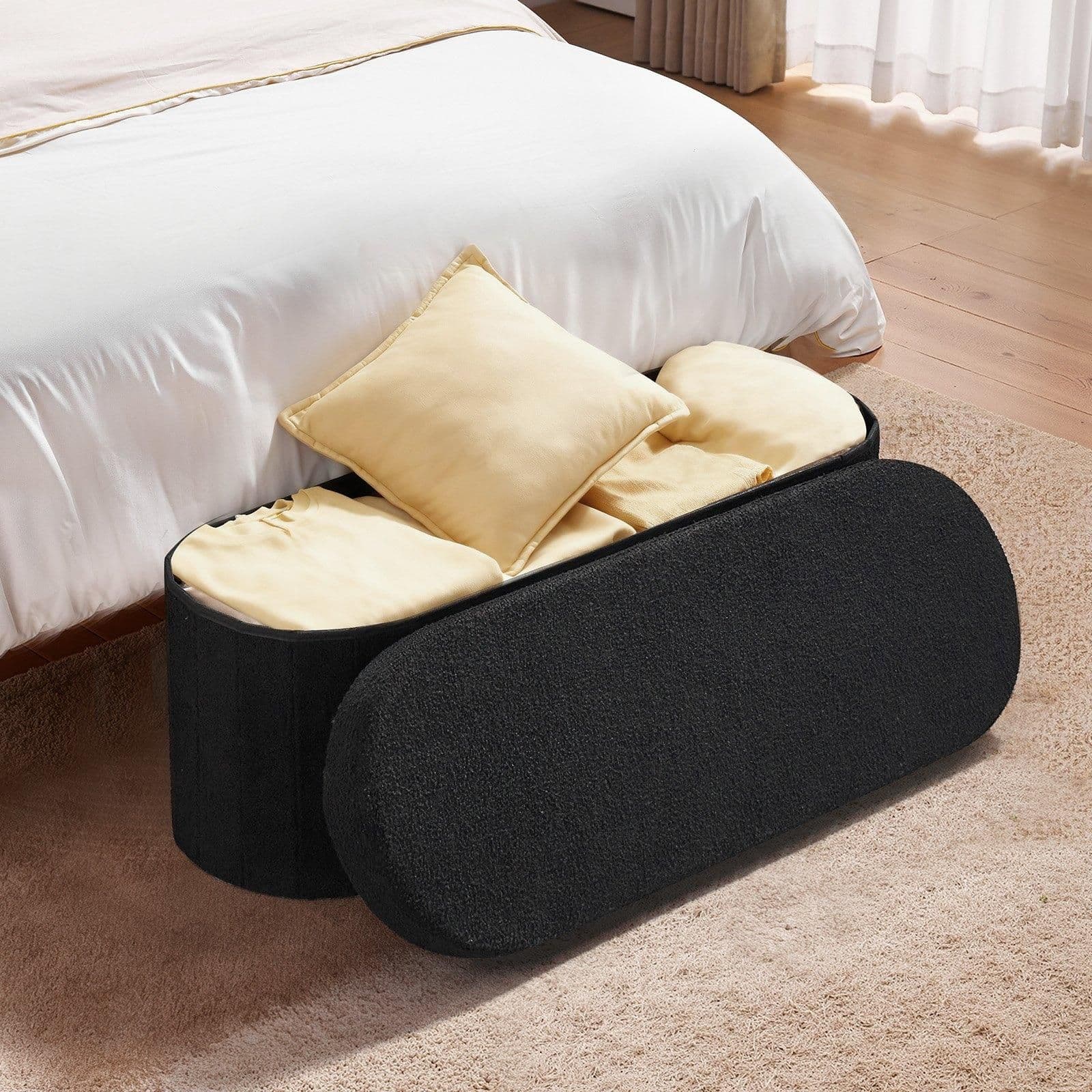 image-VEVOR Oval Storage Ottoman Bench, Foldable Teddy Fleece End of Bed Bench, Folding Upholstered Bed Ottoman Chest with Large Storage Space, Supports 660 lbs, for Living Room, Bedroom, Entryway, Black