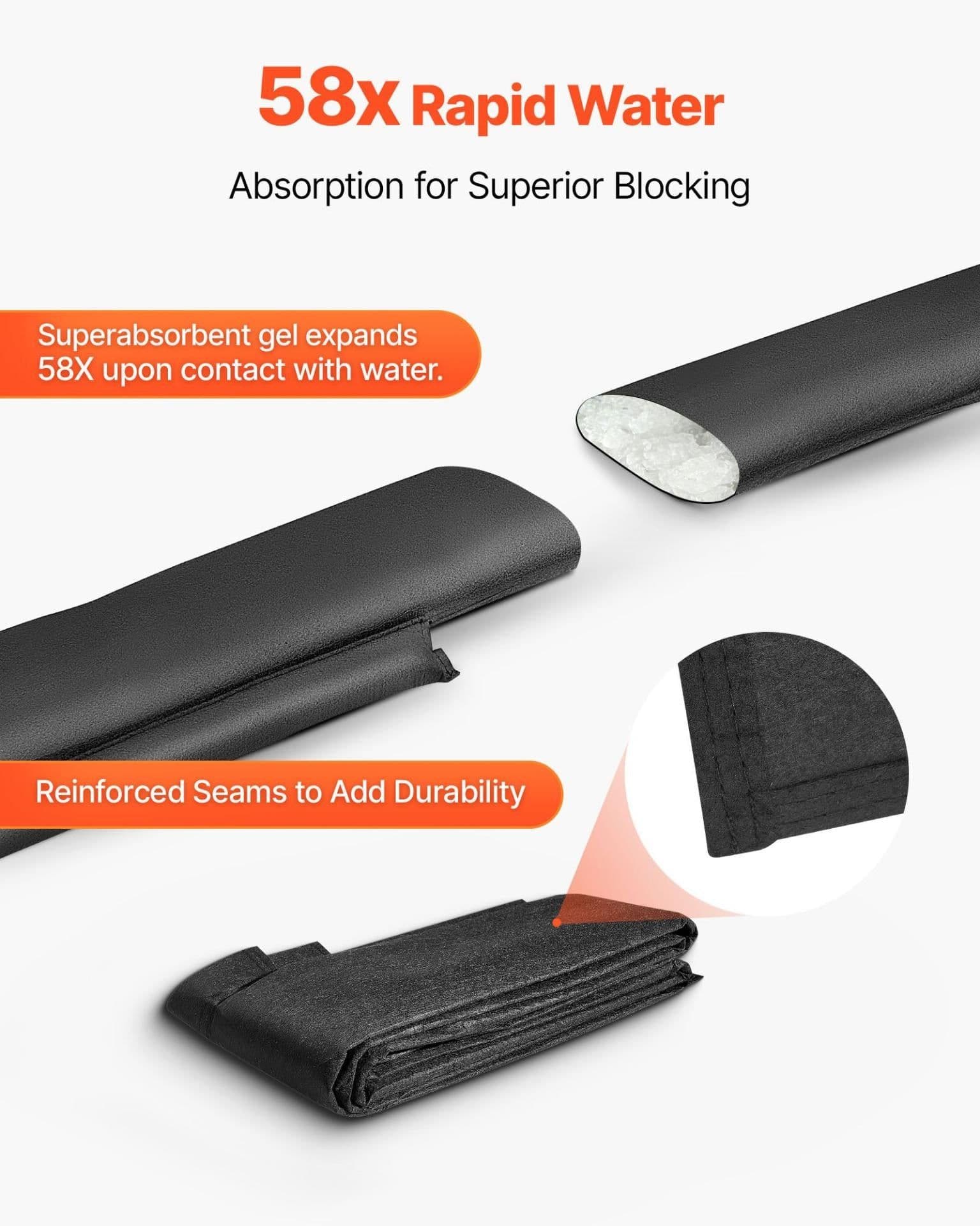 image-VEVOR Flood Barrier, 8 Pack, 10 x 0.7 ft Flood Bags Activated by Water, Reusable Water Absorbent Barrier, Sandless Sandbags Blockage, Flooding Prevention Bags for Home, Doorway, Basement, Garage