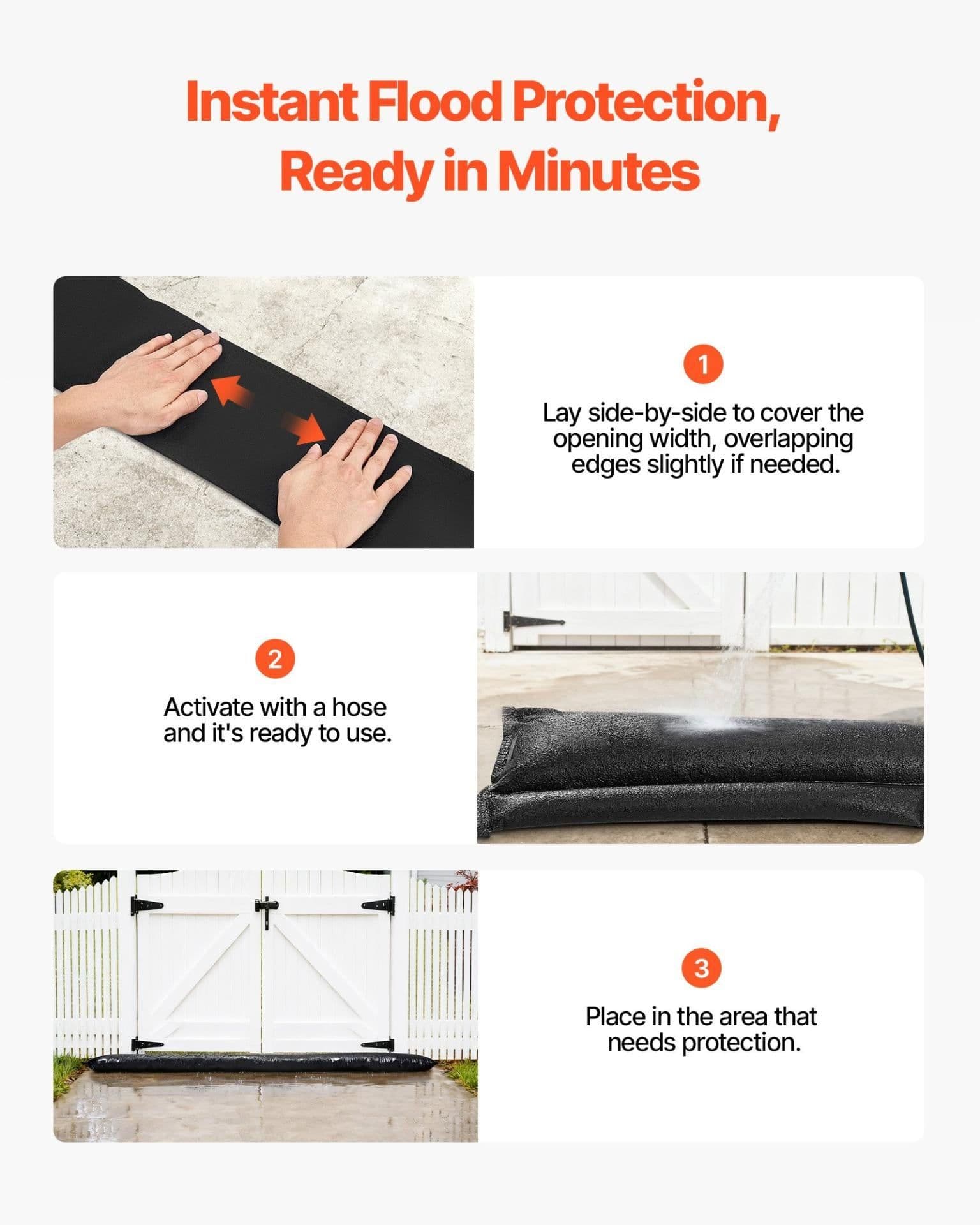 image-VEVOR Flood Barrier, 8 Pack, 10 x 0.7 ft Flood Bags Activated by Water, Reusable Water Absorbent Barrier, Sandless Sandbags Blockage, Flooding Prevention Bags for Home, Doorway, Basement, Garage
