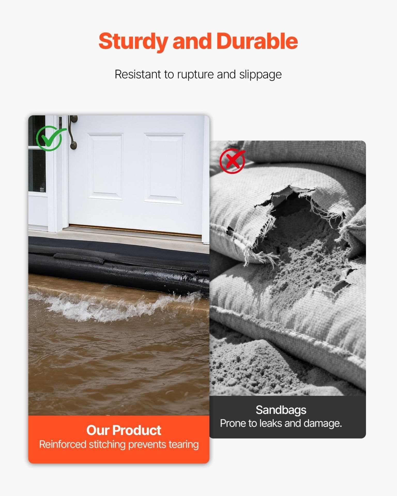 image-VEVOR Flood Barrier, 8 Pack, 10 x 0.7 ft Flood Bags Activated by Water, Reusable Water Absorbent Barrier, Sandless Sandbags Blockage, Flooding Prevention Bags for Home, Doorway, Basement, Garage