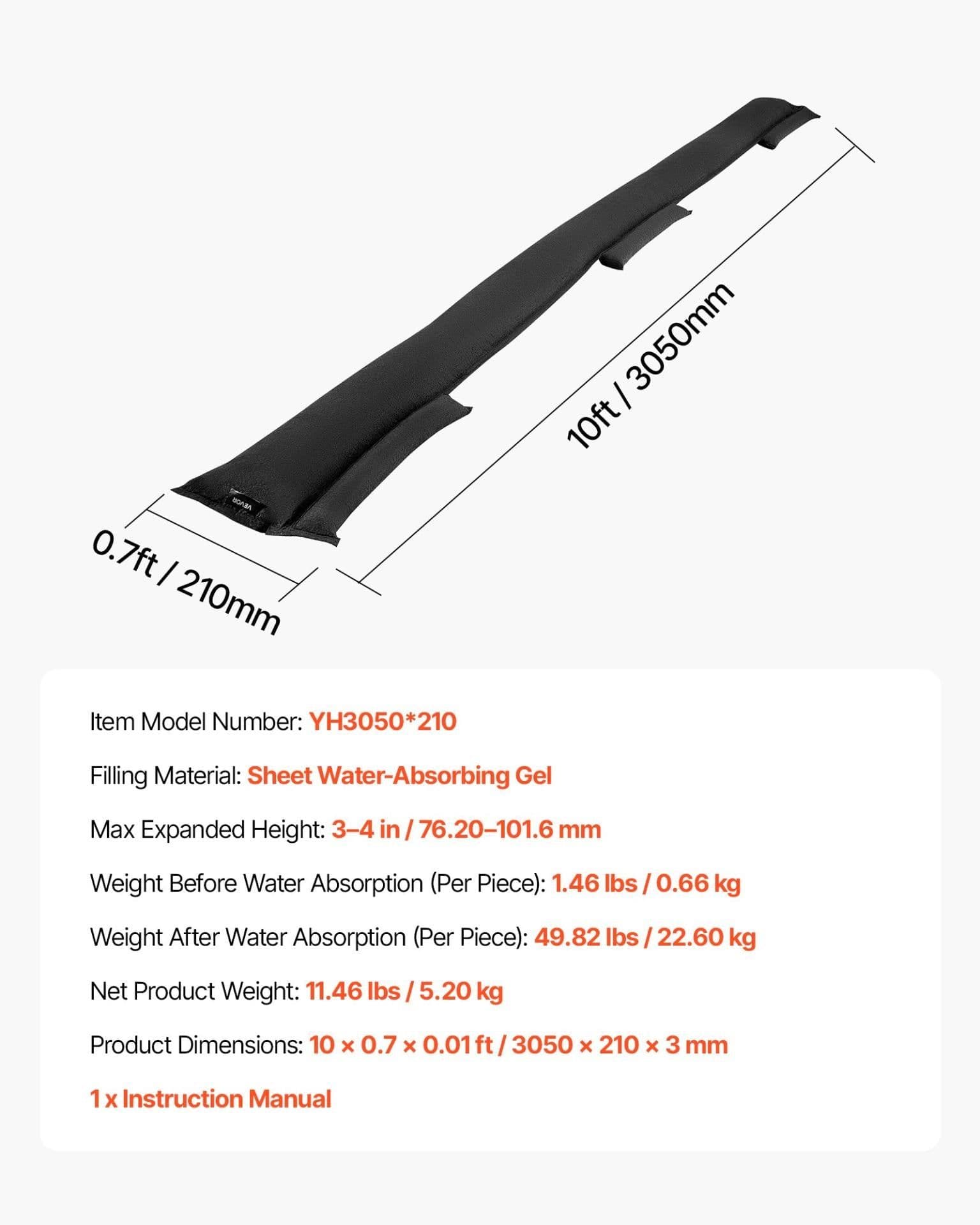 image-VEVOR Flood Barrier, 8 Pack, 10 x 0.7 ft Flood Bags Activated by Water, Reusable Water Absorbent Barrier, Sandless Sandbags Blockage, Flooding Prevention Bags for Home, Doorway, Basement, Garage