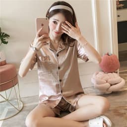 image-2020 summer Korean style imitation silk short-sleeved ladies cardigan lapel silky silk shorts home service set
