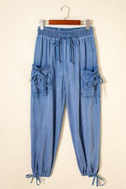 image-Beau Blue Drawstring Elastic Waist Pocketed Loose Denim Pants