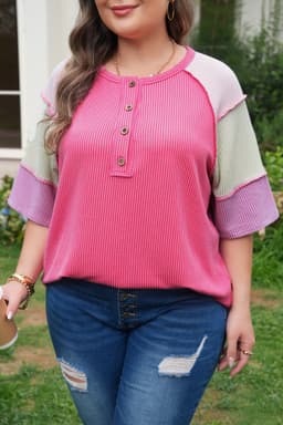 image-Plus Size Twisted Rib Color Block Henley Top - Bright Pink
