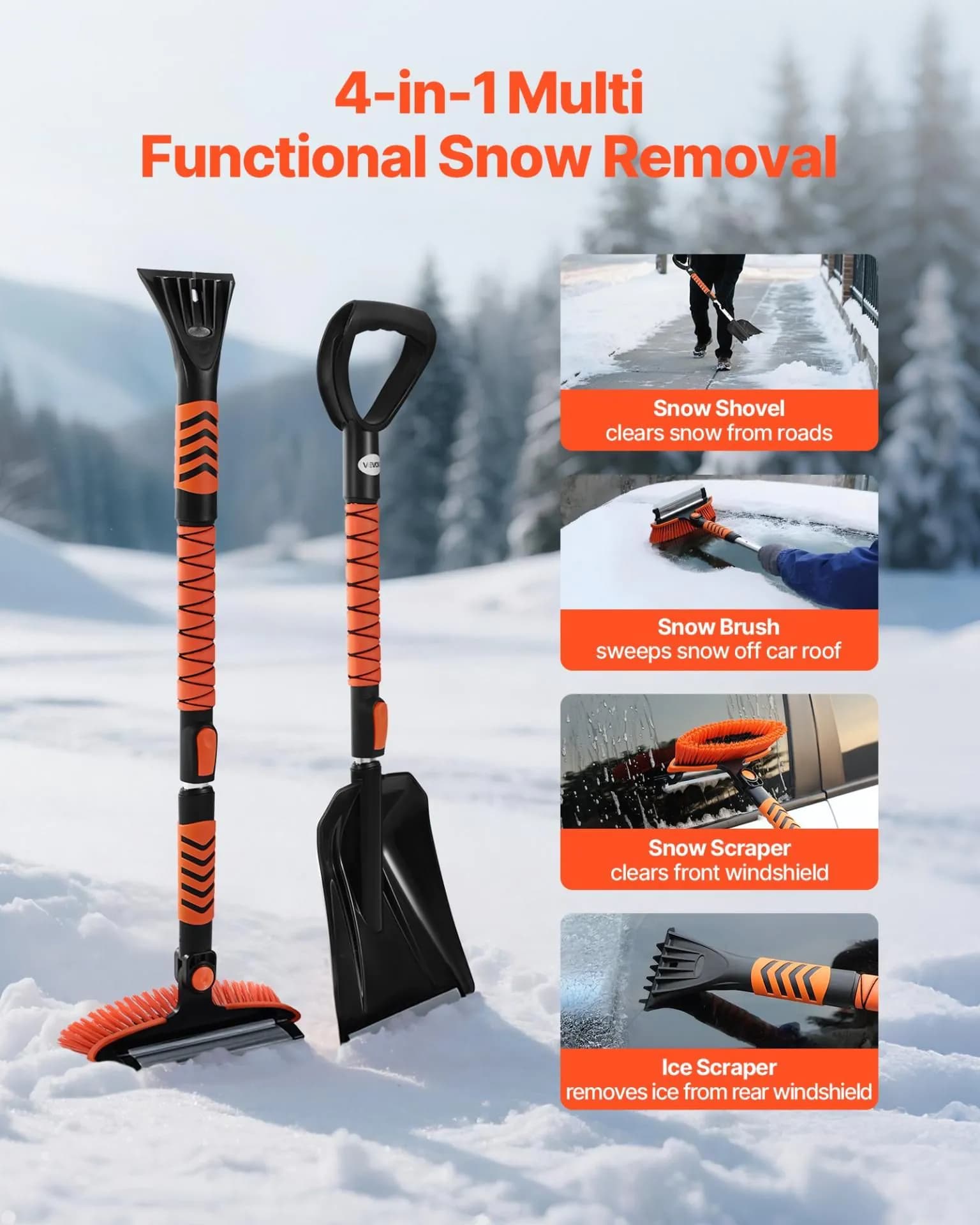 image-VEVOR Kit de pelle à neige et balai à neige extensible de 107 cm, tête de brosse pivotante à 180°, kit d'outils de déneigement 4 en 1, poignée antidérapante, portable et réglable, pour voiture, camion