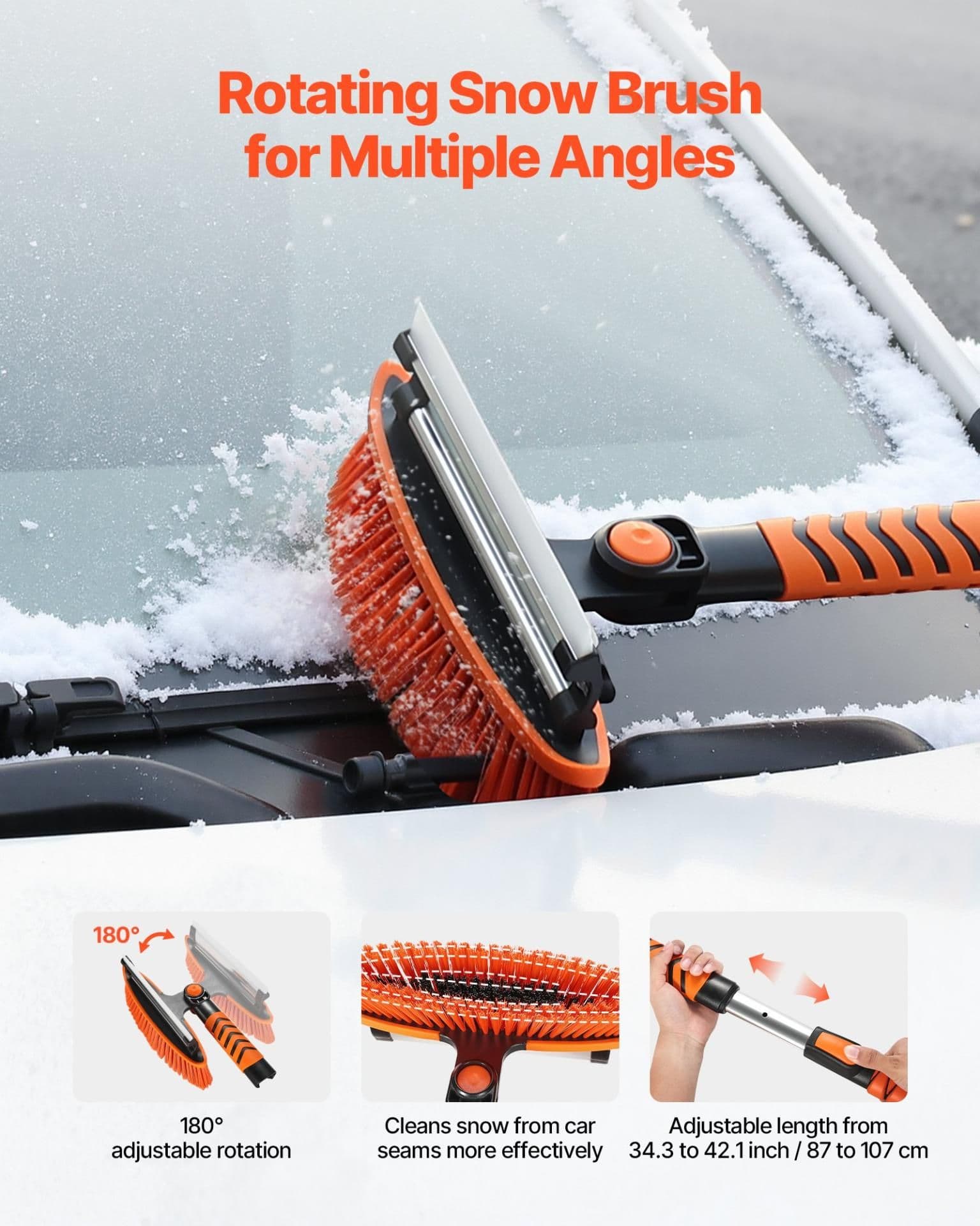 image-VEVOR Kit de pelle à neige et balai à neige extensible de 107 cm, tête de brosse pivotante à 180°, kit d'outils de déneigement 4 en 1, poignée antidérapante, portable et réglable, pour voiture, camion