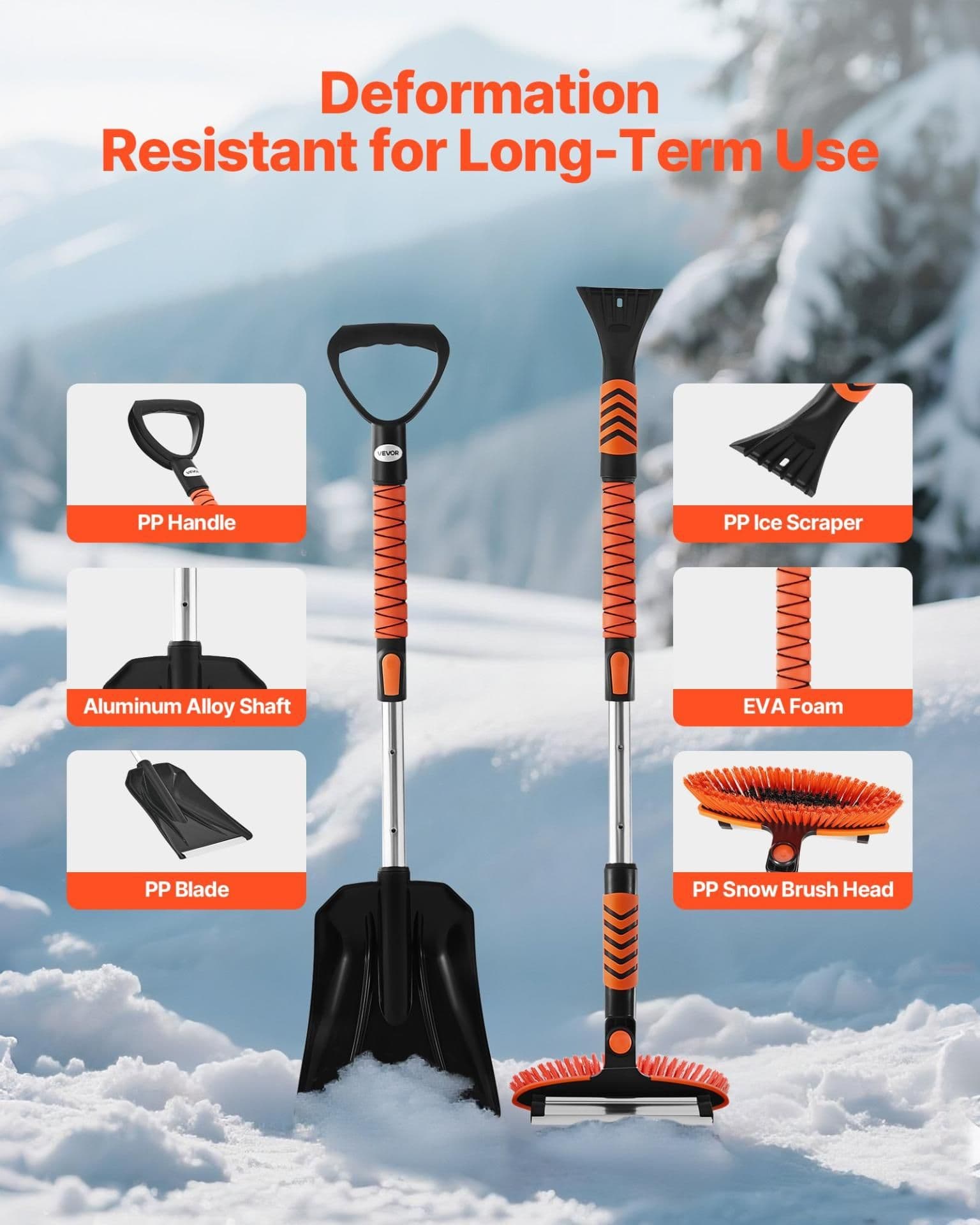 image-VEVOR Kit de pelle à neige et balai à neige extensible de 107 cm, tête de brosse pivotante à 180°, kit d'outils de déneigement 4 en 1, poignée antidérapante, portable et réglable, pour voiture, camion