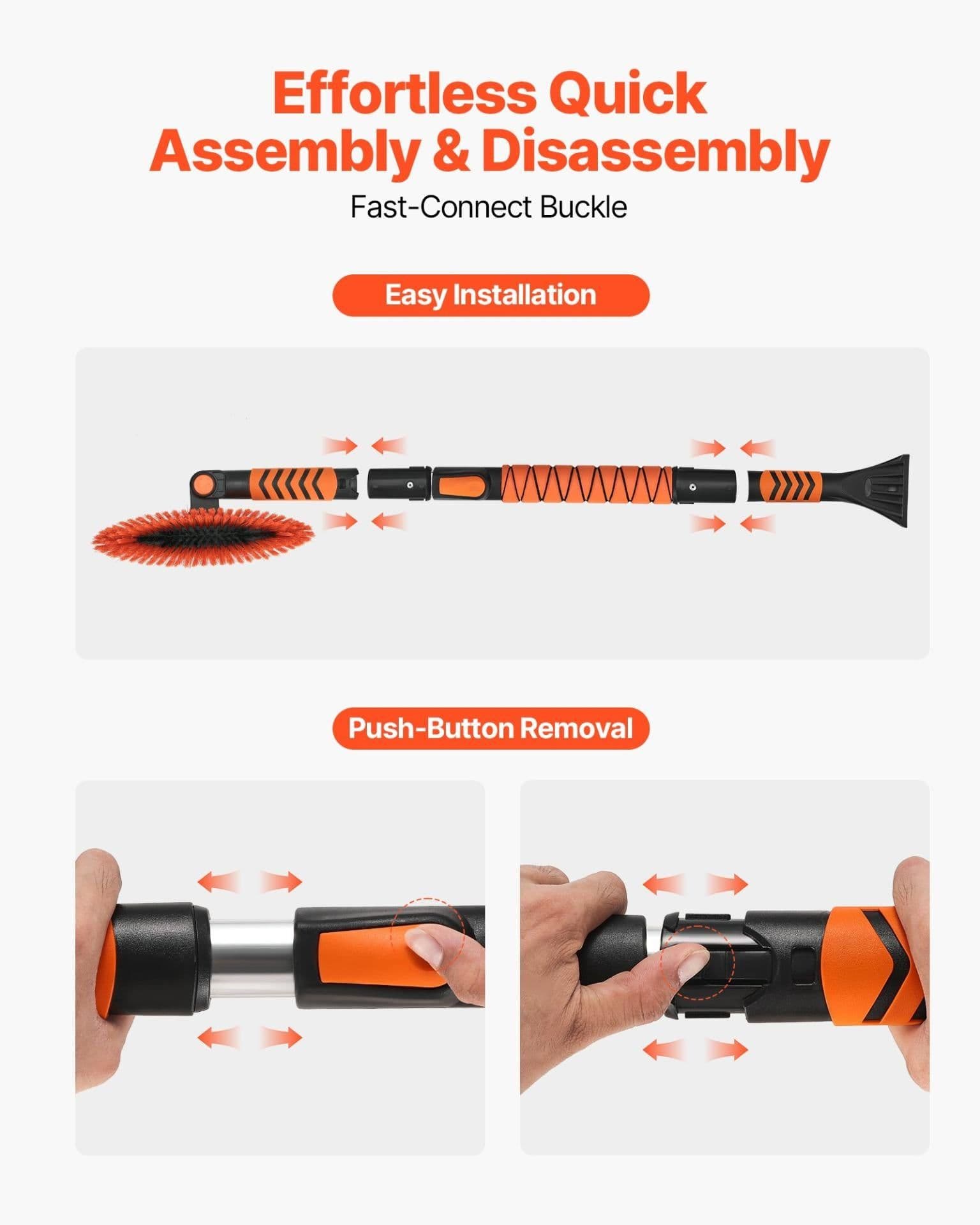 image-VEVOR Kit de pelle à neige et balai à neige extensible de 107 cm, tête de brosse pivotante à 180°, kit d'outils de déneigement 4 en 1, poignée antidérapante, portable et réglable, pour voiture, camion