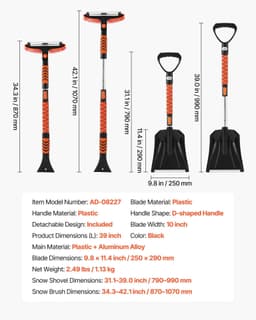 image-VEVOR Kit de pelle à neige et balai à neige extensible de 107 cm, tête de brosse pivotante à 180°, kit d'outils de déneigement 4 en 1, poignée antidérapante, portable et réglable, pour voiture, camion