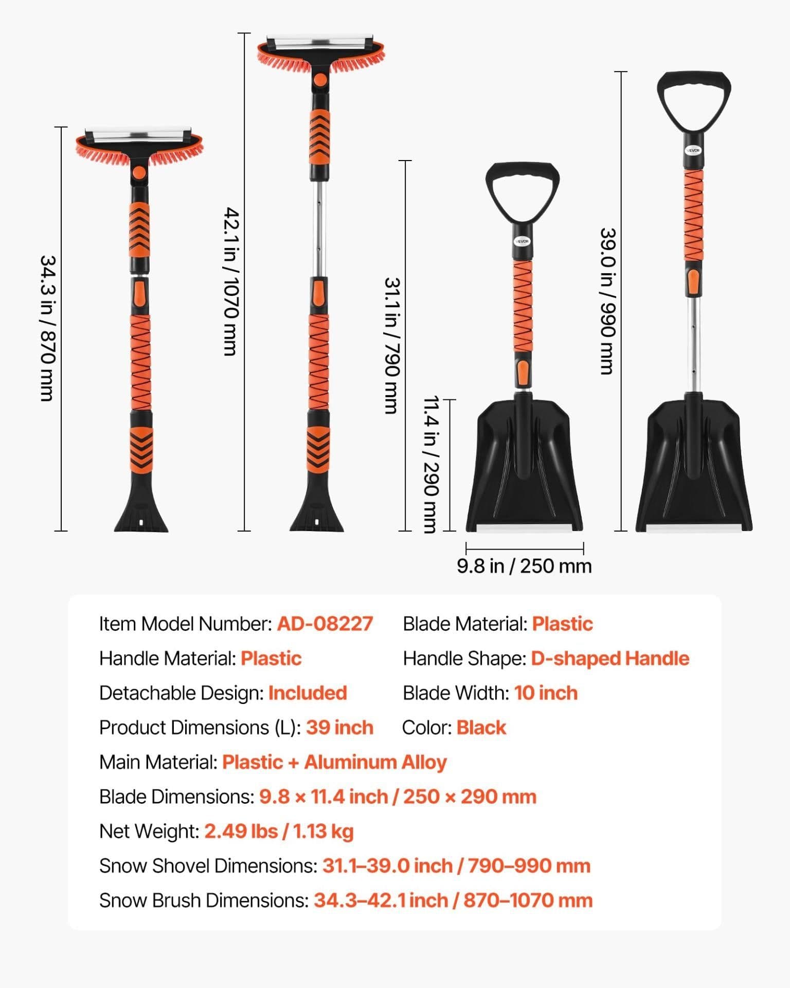 image-VEVOR Kit de pelle à neige et balai à neige extensible de 107 cm, tête de brosse pivotante à 180°, kit d'outils de déneigement 4 en 1, poignée antidérapante, portable et réglable, pour voiture, camion