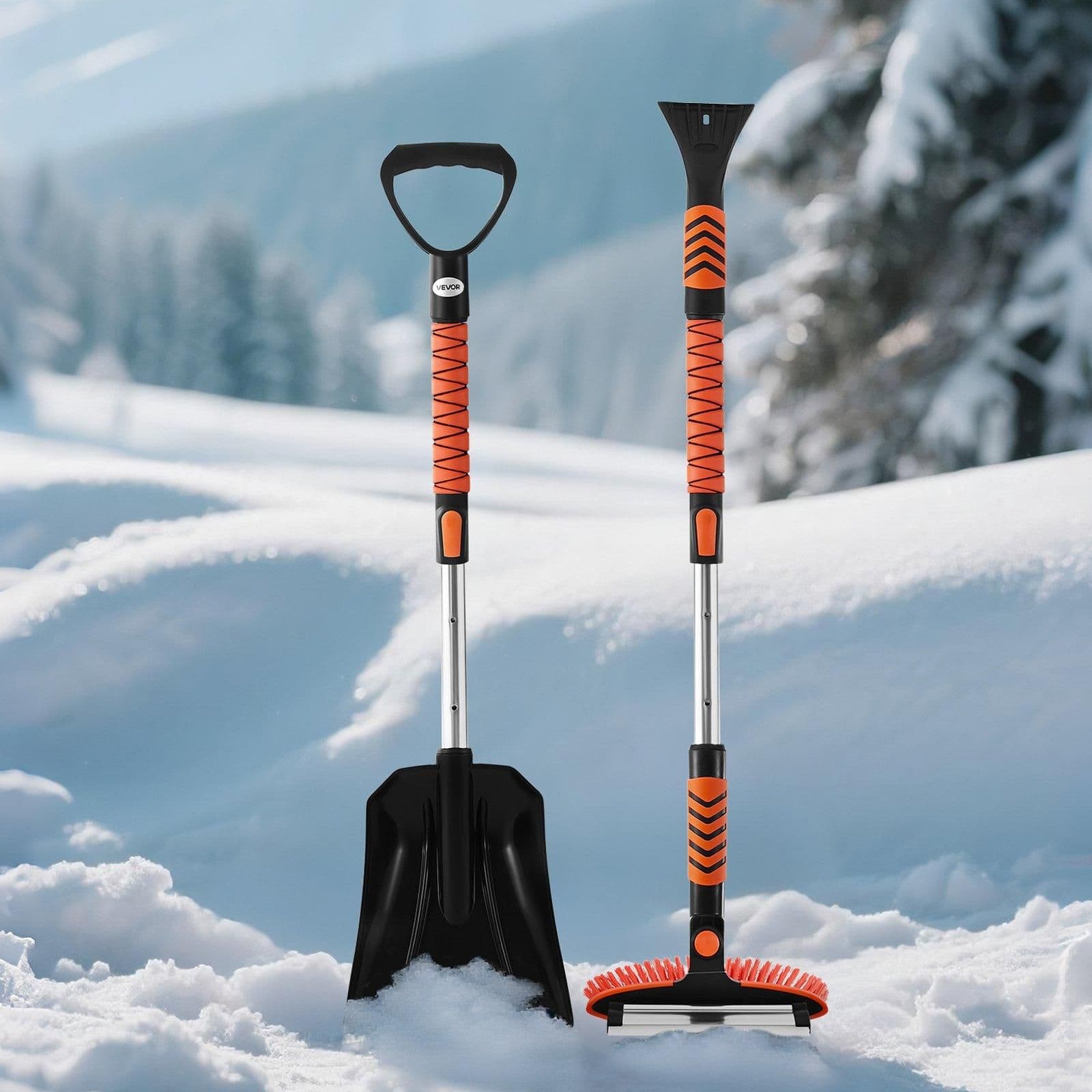 image-VEVOR Kit de pelle à neige et balai à neige extensible de 107 cm, tête de brosse pivotante à 180°, kit d'outils de déneigement 4 en 1, poignée antidérapante, portable et réglable, pour voiture, camion