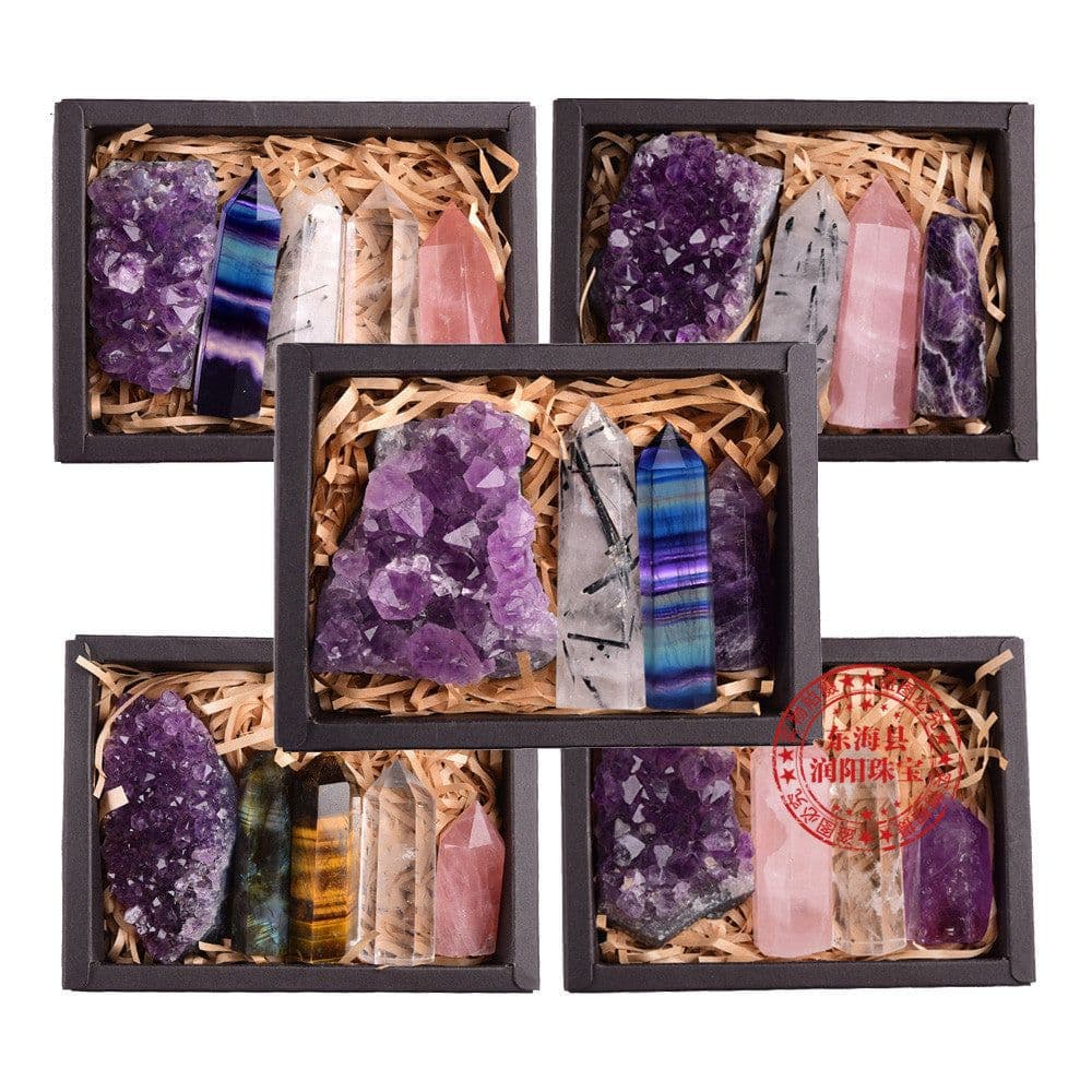 image-Amazon hot-selling product Amethyst block natural crystal Hexagonal prism power stone exquisite gift box packaging seven chakras