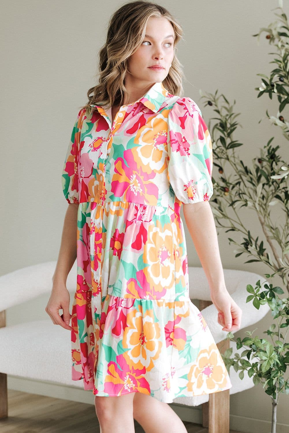 image-Pink Floral Puff Sleeve Collar Buttoned Babydoll Dress