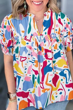 image-White Abstract Print Puff Sleeve Blouse - Plus Size
