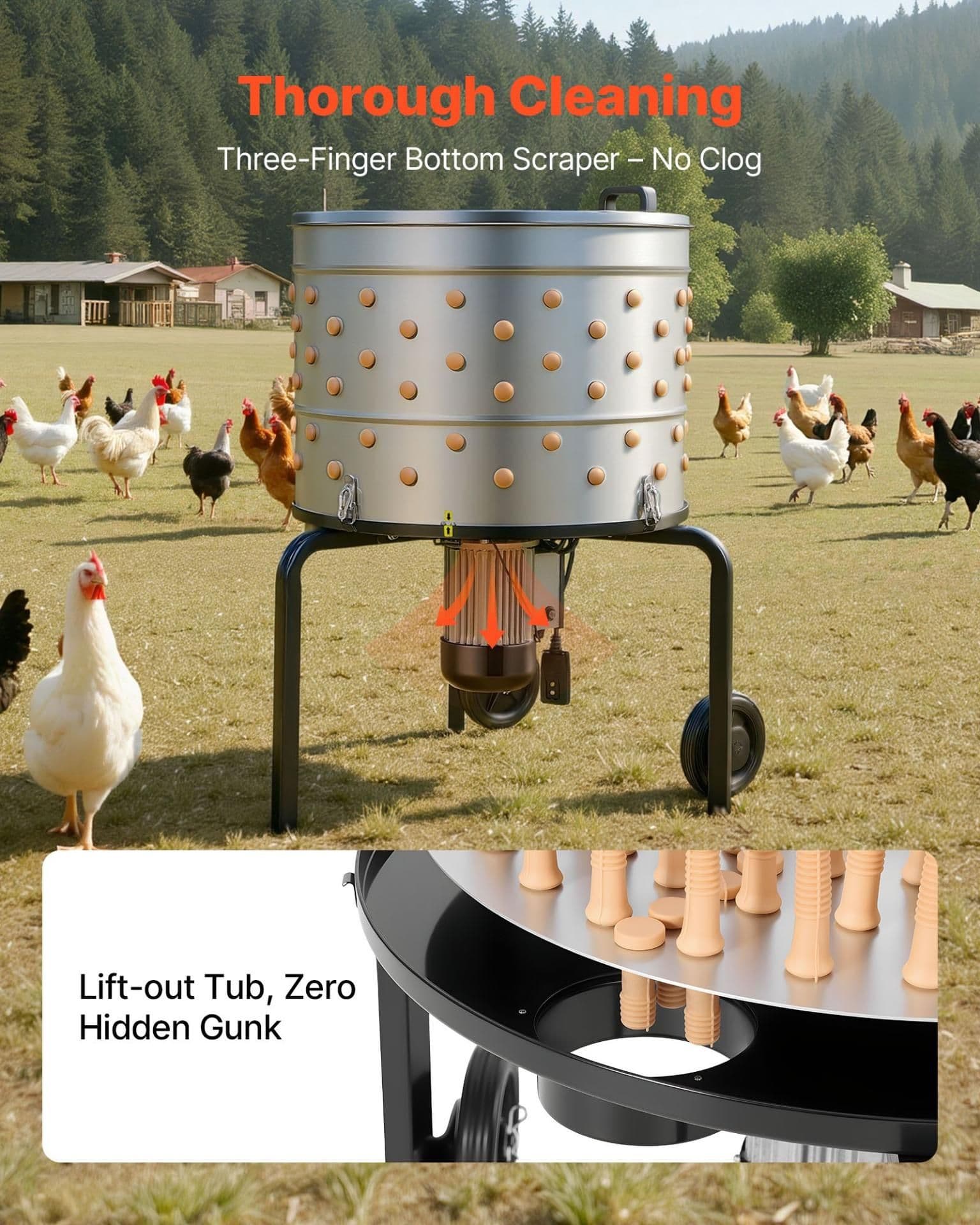 image-VEVOR Chicken Plucker Machine - 1200W 25.6" Stainless Steel Drum