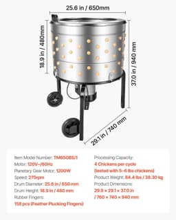 image-VEVOR Chicken Plucker Machine - 1200W 25.6" Stainless Steel Drum