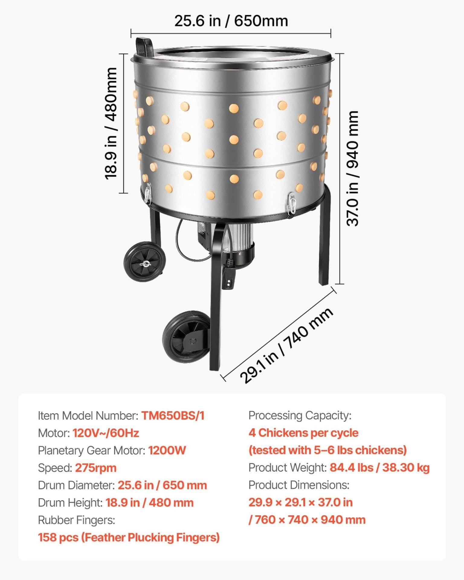 image-VEVOR Chicken Plucker Machine - 1200W 25.6" Stainless Steel Drum