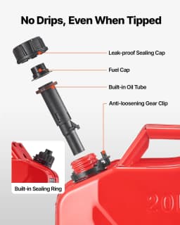 image-VEVOR Metal Fuel Container, 5.3 Gallon, Fuel Jerry Can with Spout and Comfort Handle, 6 L/min Max Flow Rate, Leakproof & Corrosion-resistant Metal Gas Tank Most Cars Motorcycle ATV UTV, Red, 2 Packs