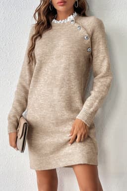 image-Parchment Button Lace Detail Raglan Sleeve Shift Mini Sweater Dress