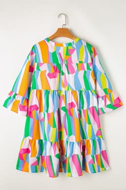 image-Green Abstract Print Ruffled Sleeve V Neck Dress