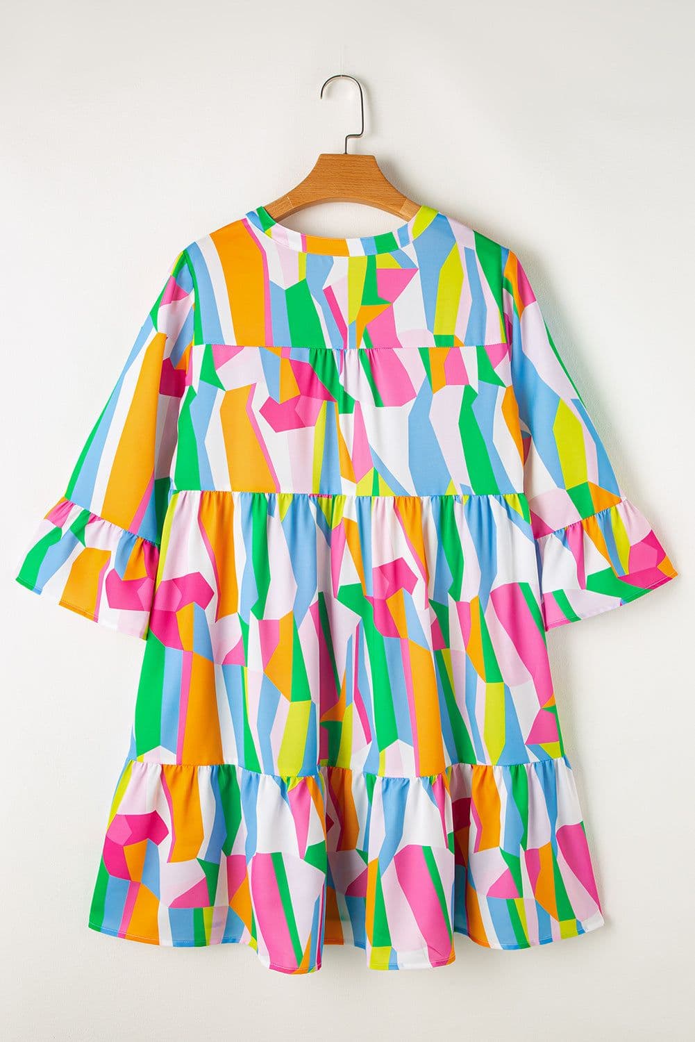 image-Green Abstract Print Ruffled Sleeve V Neck Dress