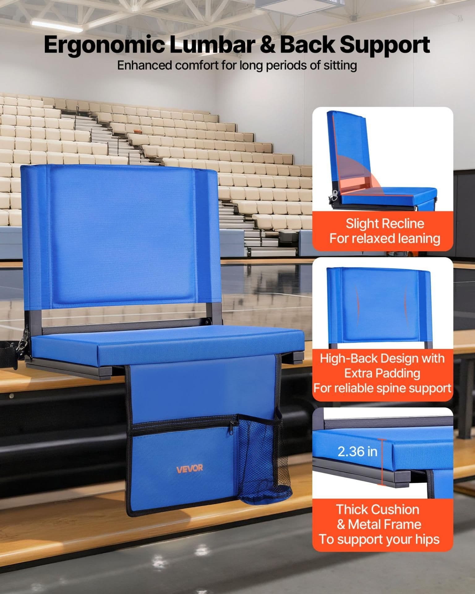image-VEVOR Folding Stadium Seat - Blue Padded Bleacher Chair 17"