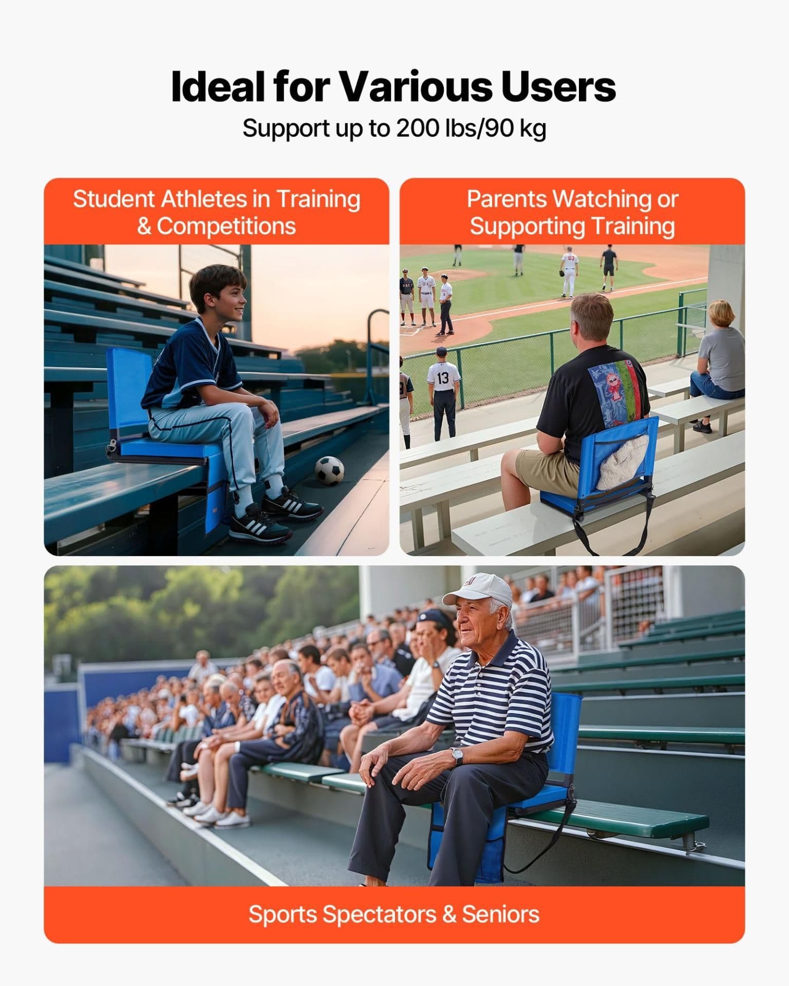 image-VEVOR Folding Stadium Seat - Blue Padded Bleacher Chair 17"