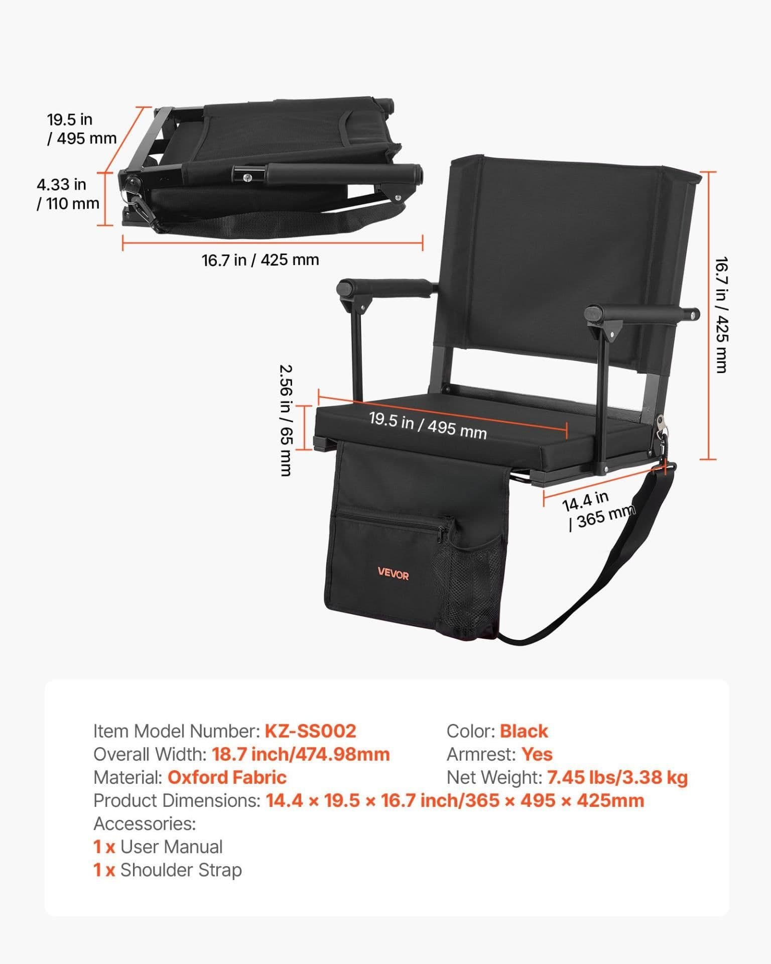 image-VEVOR Portable Stadium Seat with Armrests - Black Oxford Fabric