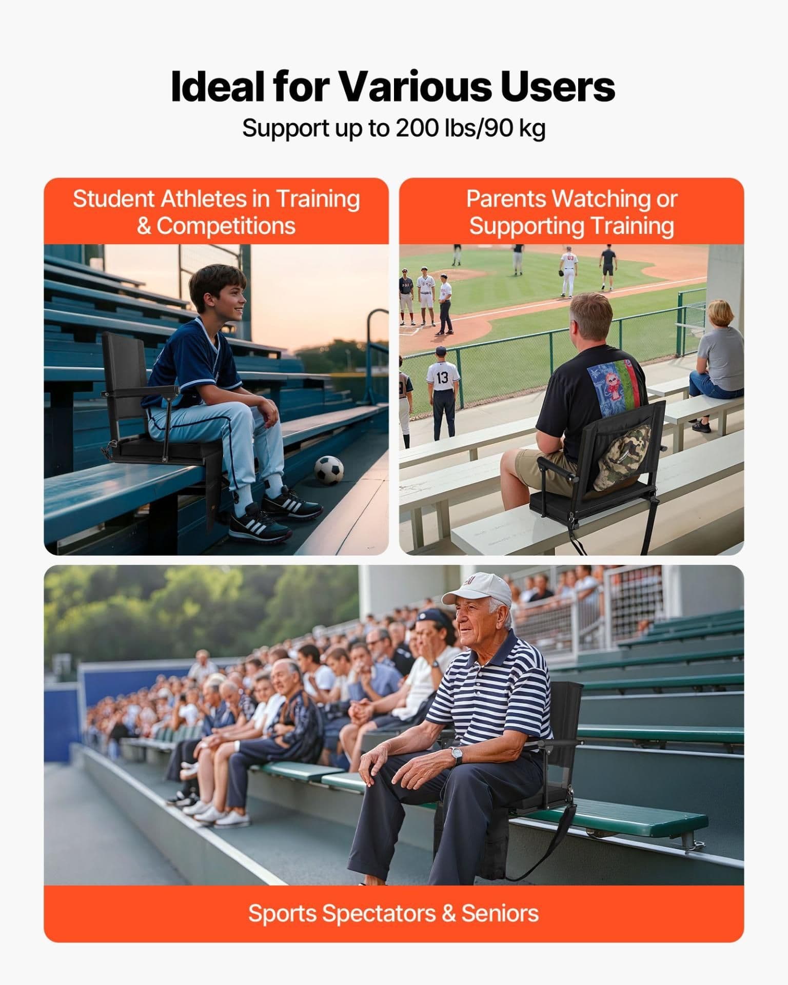 image-VEVOR Stadium Seat 2PCS - Black Portable Bleacher Chair with Armrest