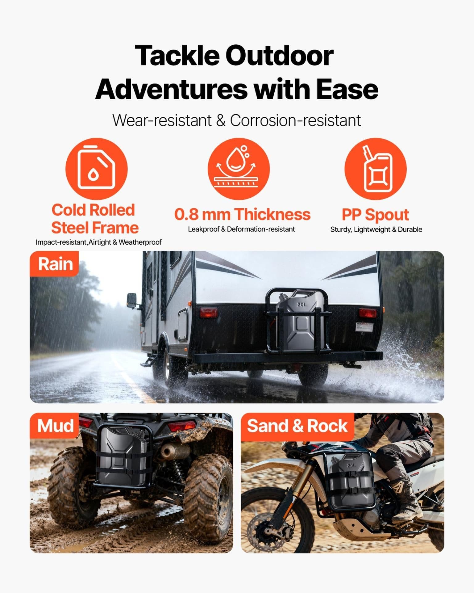 image-VEVOR Metal Fuel Container, 5.3 Gallon, Fuel Jerry Can with Spout and Comfort Handle, 6 L/min Max Flow Rate, Leakproof & Corrosion-resistant Metal Gas Tank Most Cars Motorcycle ATV UTV, Black