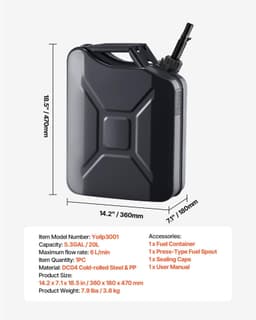image-VEVOR Metal Fuel Container, 5.3 Gallon, Fuel Jerry Can with Spout and Comfort Handle, 6 L/min Max Flow Rate, Leakproof & Corrosion-resistant Metal Gas Tank Most Cars Motorcycle ATV UTV, Black