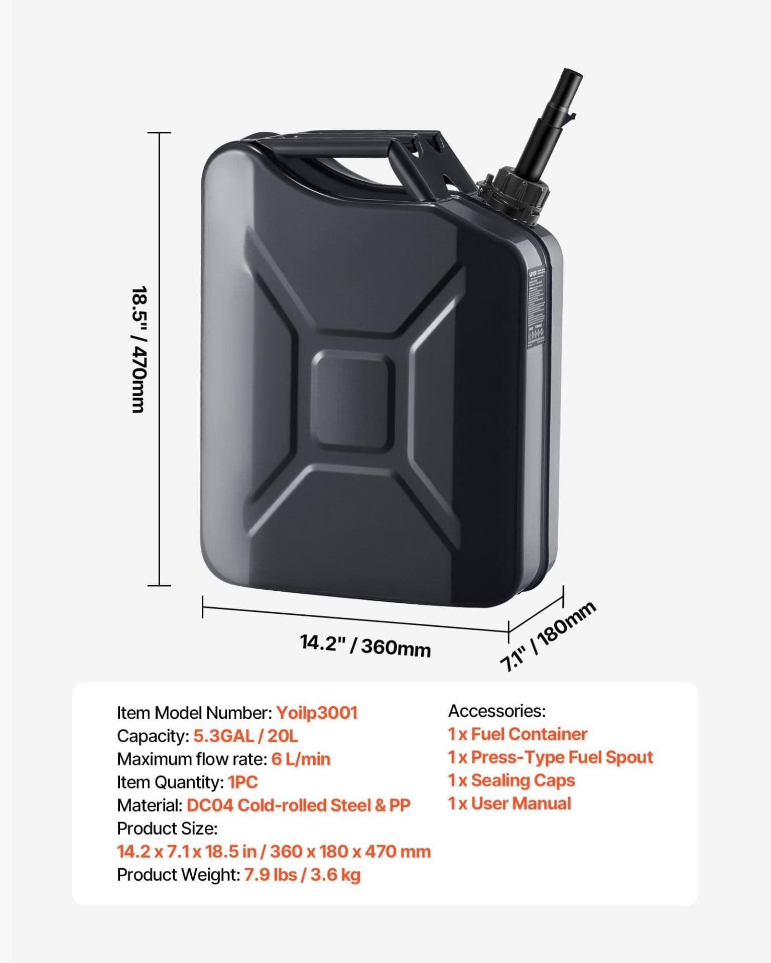 image-VEVOR Metal Fuel Container, 5.3 Gallon, Fuel Jerry Can with Spout and Comfort Handle, 6 L/min Max Flow Rate, Leakproof & Corrosion-resistant Metal Gas Tank Most Cars Motorcycle ATV UTV, Black