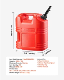 image-VEVOR Fuel Container, 5 Gallon, Gas Tank with Spout & Clear Scale, 15 L/min Max Flow Rate, Secure & Leak-proof, Portable Flat Fluid Container for Most Cars Motorcycle ATV UTV, Red, 1 Pack