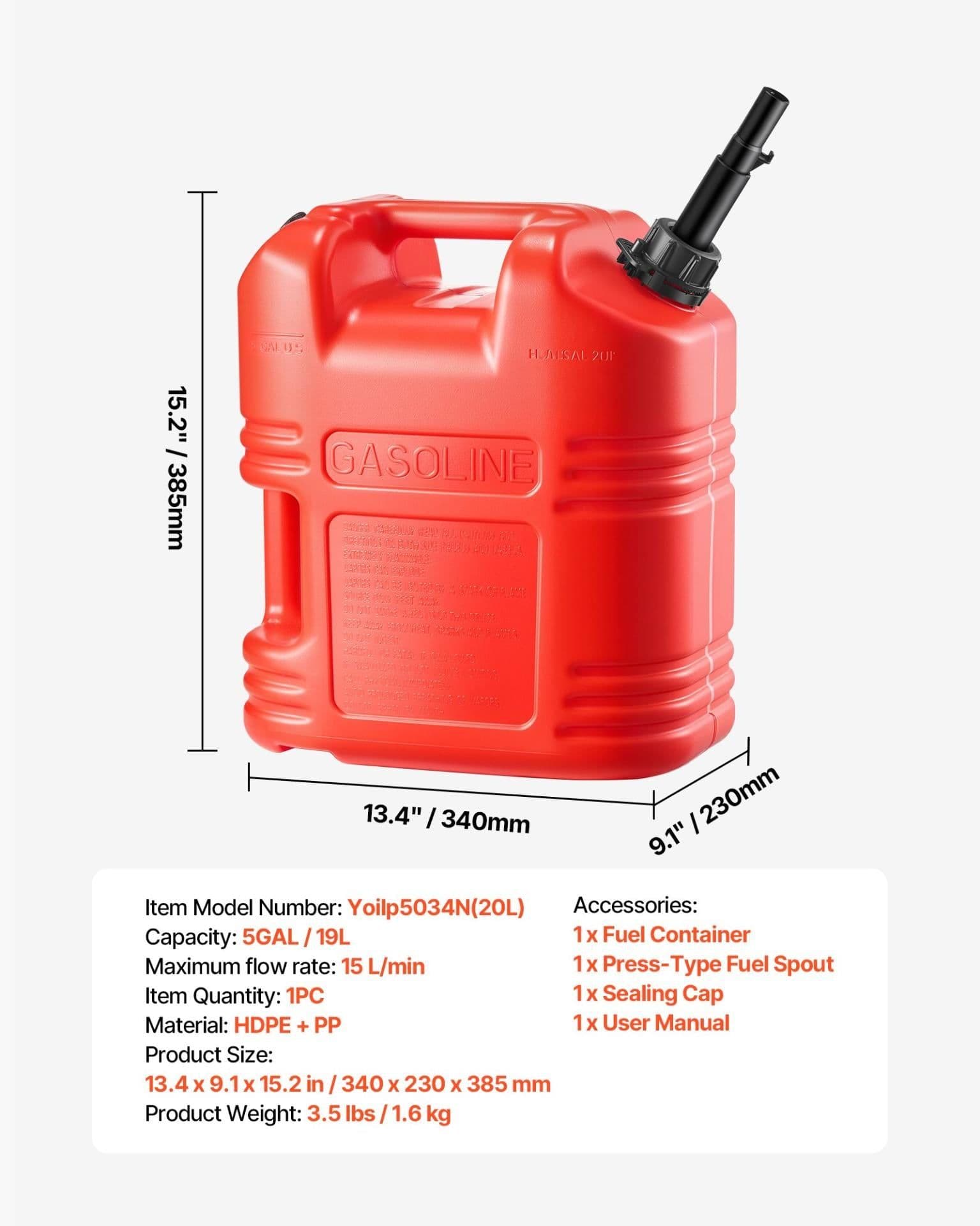 image-VEVOR Fuel Container, 5 Gallon, Gas Tank with Spout & Clear Scale, 15 L/min Max Flow Rate, Secure & Leak-proof, Portable Flat Fluid Container for Most Cars Motorcycle ATV UTV, Red, 1 Pack