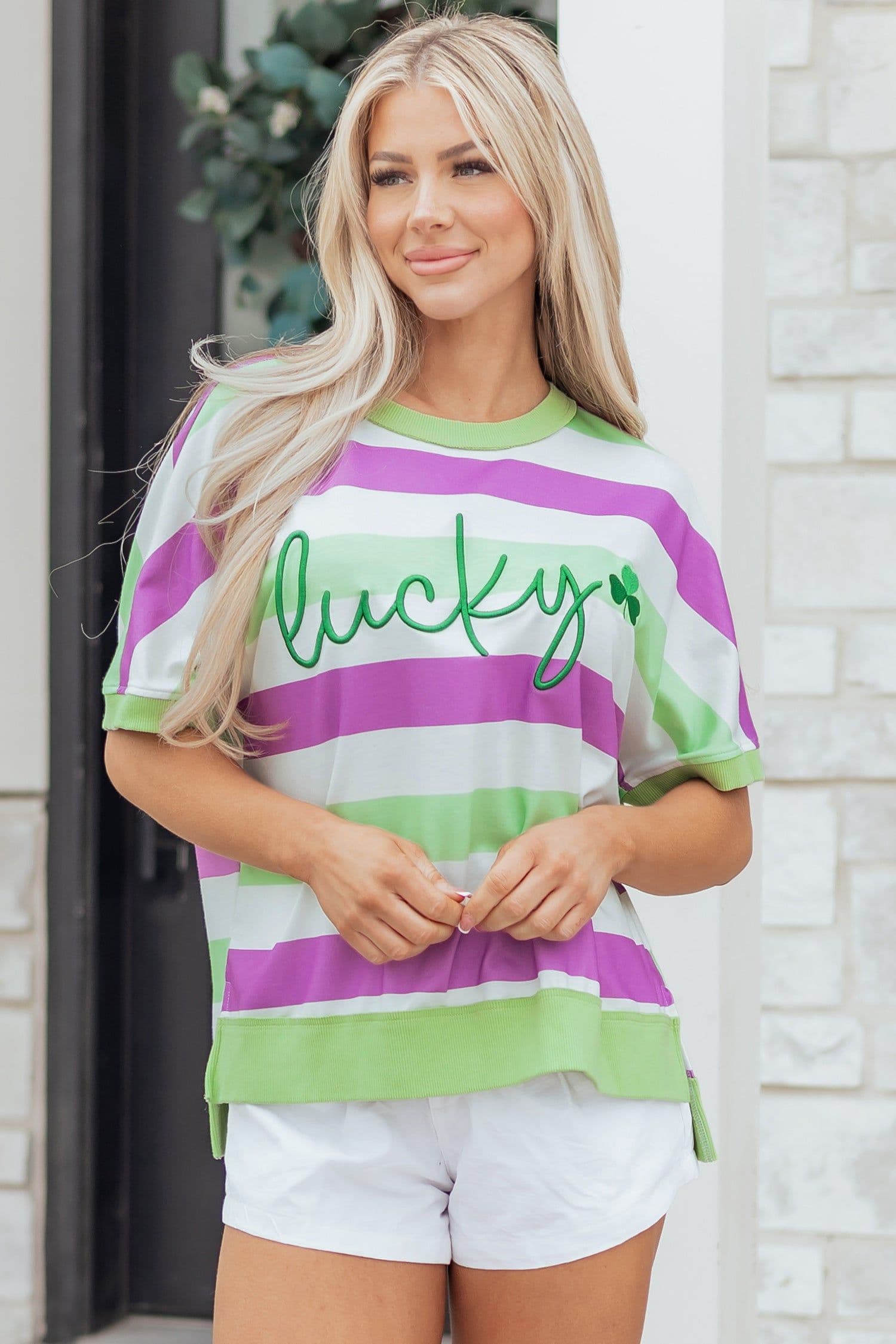 image-Green Stripe Lucky Clover Embroidered Graphic Dolman Loose Tee