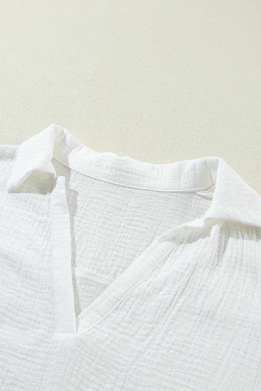 image-White Crinkled Lace Splicing V Neck Blouse
