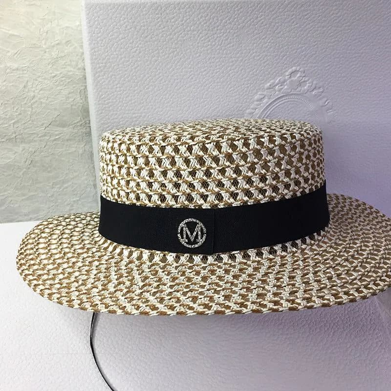 image-Straw hat women's woven flat top hat sunscreen diamond-studded M top hat sun hat summer outdoor hat custom straw hat wholesale