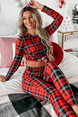 image-Red Festive Plaid Print Round Neck Long Sleeve and Pants 2 Piece Lounge Set