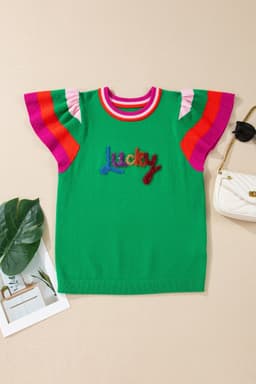 image-Bright Green Striped Flutter Sleeve Sweater