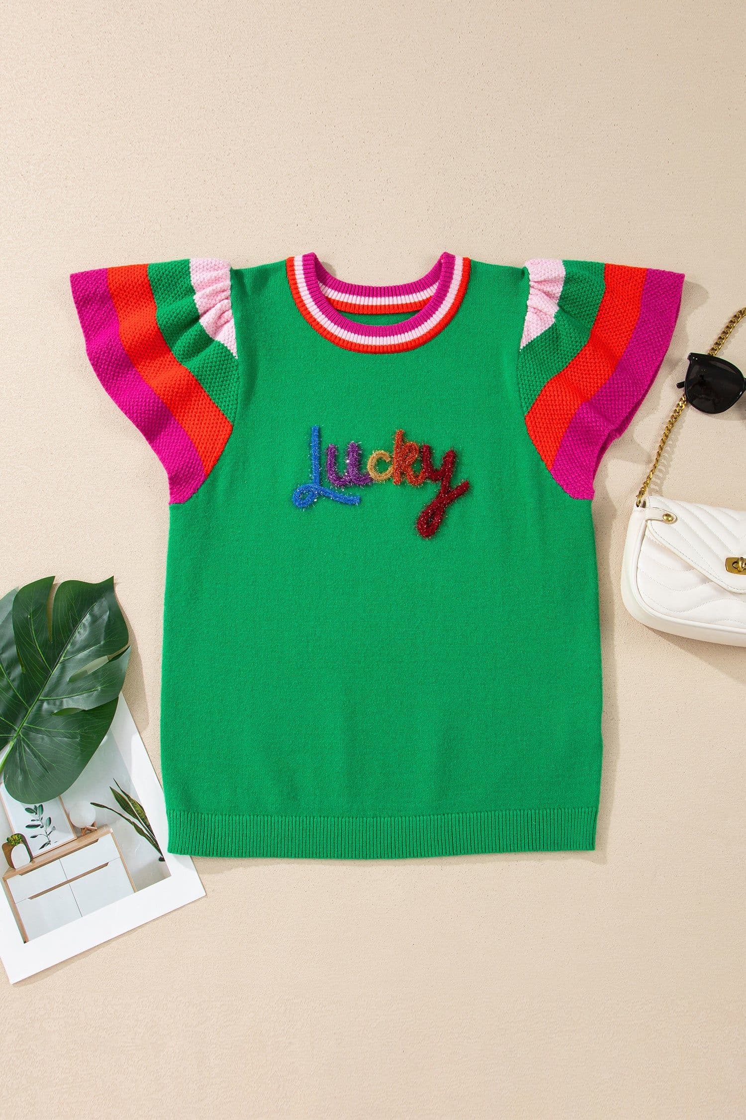 image-Bright Green Shiny Lucky Striped Flutter Sleeve Round Neck Sweater