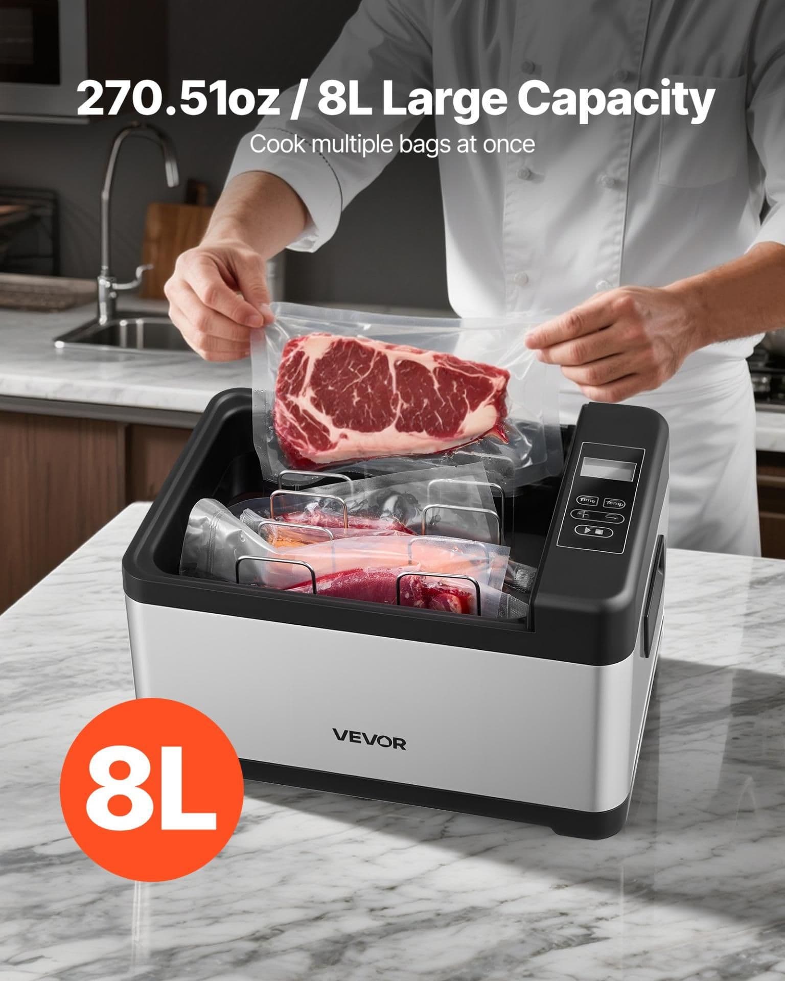image-VEVOR 8L Sous Vide Cooker - 800W All-in-One Pot with Glass Lid