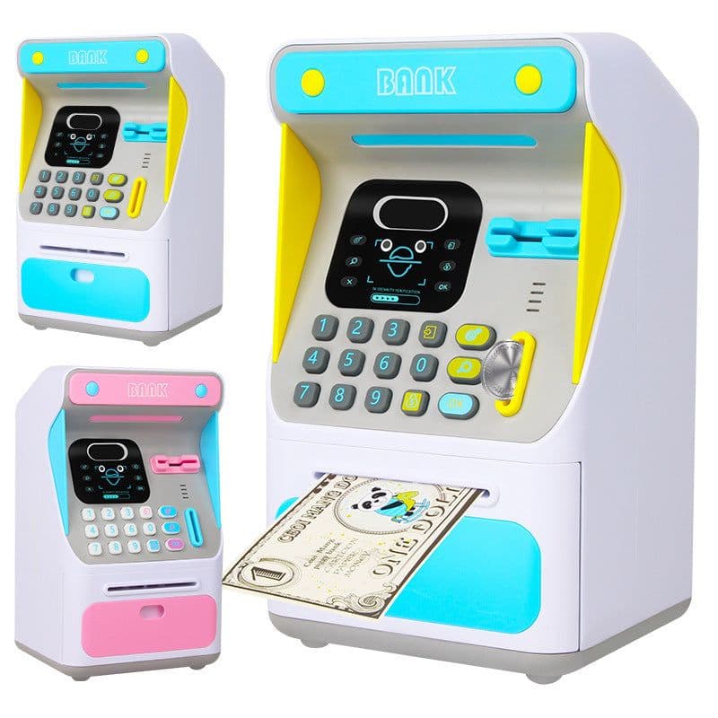 image-Simulation Face Recognition ATM Cash Deposit Box Simulation Password Automatic Rolling Money Safe Deposit Box Educational Toys