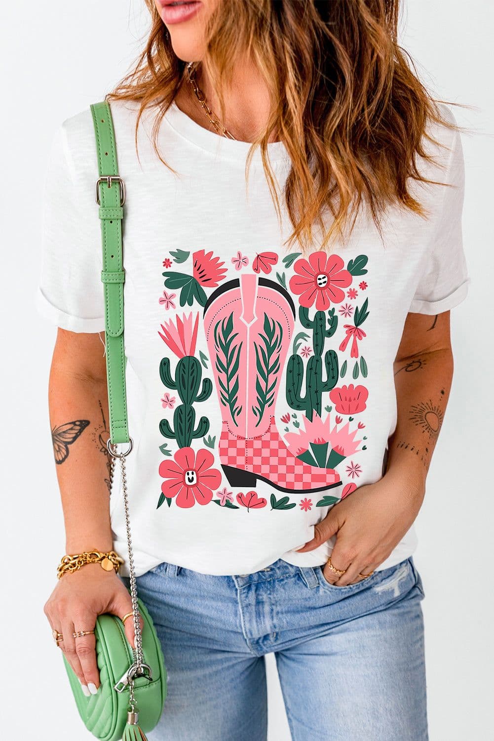 image-White Western Boots Flower Print Round Neck T Shirt