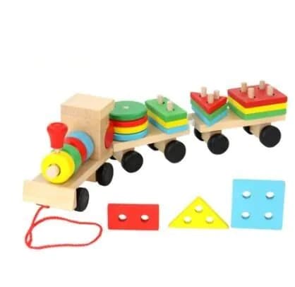 image-Young Delle drag three small trains wooden puzzle disassembly nut combination shape matching early education toys